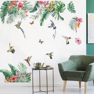 Produktbild von Famanu Wandsticker Tropisches Blatt – Hibiskusblume, Palmblatt, Mädchenzimmer, Schlafzimmer, Wohnzimmer, Sofa, Wanddekoration