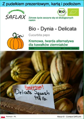 Zdjęcie produktu dla SAFLAX - Zestaw prezentowy - Bio - Dynia - Delicata - 6 Nasiona - Z pudełkiem upominkowym, etykietą wysyłkową, kartą podarunkową i podłożem uprawowym - Cucurbita pepo