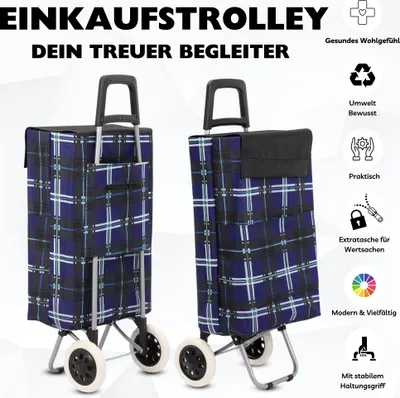 A product image showing two shopping trolleys with a plaid pattern, along with descriptive text and icons highlighting features.