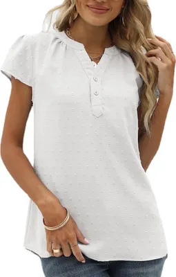 Produktbild von ASKSA Damen Swiss Dot Bluse Kurzarm Sommer Elegant T-Shirt V-Ausschnitt Tunika Einfarbig Chiffon Hemd, Weiß, S