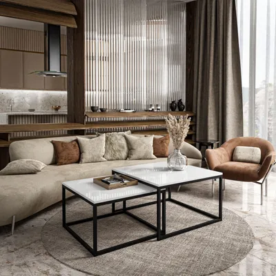 A modern living room with a sectional sofa, coffee table, and armchair.