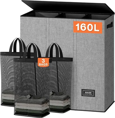 Produktbild von Wäschekorb 160 l, 3 Fächer, Deckel, mit 3 Wäschetaschen, für Badezimmer