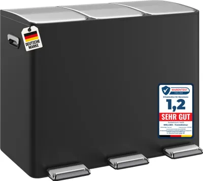 Produktbild von WELLGRO Treteimer 3x15L Schwarz – Edelstahl mit Softclose & Pedal