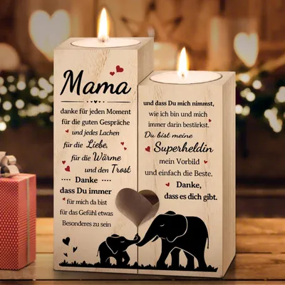 Productafbeelding van Houten kandelaar met gravure, hartvorm, cadeau voor moeder, 12 x 9 x 4,5 cm