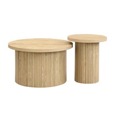 Produktbild von Couchtisch mit Naturholzlatten Doppelter runder Tisch Multifunktionaler Beistelltisch Wohnzimmertisch