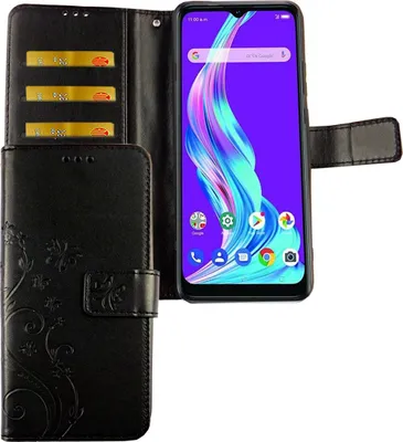 Produktbild von ZTE Blade A51 Tasche Handy Hülle Schutz-Cover Flip-Case mit Kartenfach, Farbe:Blumen Schwarz
