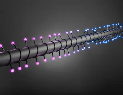 A string of LED lights with pink and blue bulbs attached to a dark, cylindrical object.