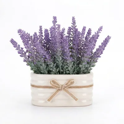 Produktbild von Künstlicher Lavendel im Topf mit Schleife, Kunstpflanze Lavendel wie echt, Tischdeko Kunstblumen