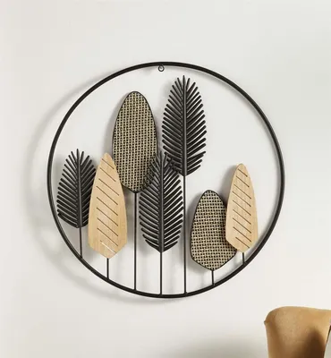Produktbild von Wanddeko "Blätter" aus Metall schwarz & Holz, rund, Ø 56 cm, Wandbild, Wandschmuck, Metallbild