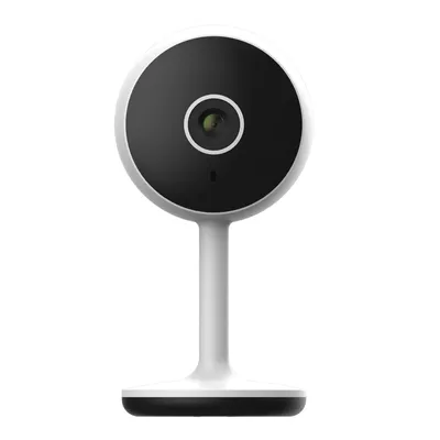 A white indoor camera with a black circular face is shown against a white background.