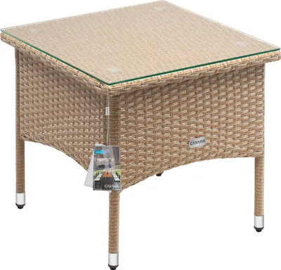 Produktbild von CASARIA® Polyrattan Beistelltisch 50x50x45cm Höhenverstellbare 5mm Sicherheitsglas Wetterfest 80kg Belastbar Gartentisch Balkontisch Teetisch Outdoor Creme