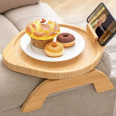 Produktbild von Famanu Tablett mit drehbarem Telefonhalter - Bambus und Holz, faltbar und rutschfest für das Sofa