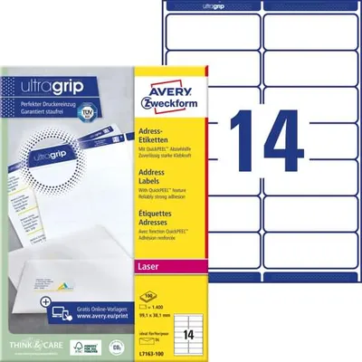 Produktbild von Avery Zweckform L7163-100 Adress-Etiketten, 99,1 x 38,1 mm, 100 Blatt/1.400 Etiketten, weiß