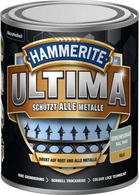 Produktbild von Hammerite Metallschutzlack Ultima Matt, Hochwertiger Schutzlack für alle Metalle im Außenbereich, Verkehrsgrau, RAL 7042, 750 ml