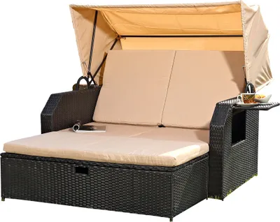 Produktbild von Mucola Strandkorb Rattan Sonnenbett mit verstellbarem Dach Polyrattan Sonnenliege Liegebett Relaxliege Gartenliege Gartenmöbel - Schwarz
