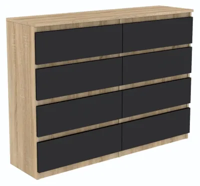 Image de Commode en chêne Sonoma avec tiroirs, 120 cm de largeur, 8 tiroirs, façades noires. FABRICANT