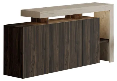 Produktbild von Skye Decor, Hochwertiger Konsolentisch mit LED-Beleuchtung, Travertin und Walnuss, 170 x 80 x 35 cm | 100% melaminbeschichtete Spanplatte, 18 mm dick | Modernes Design mit vielen Regalen, wandmontierbar.