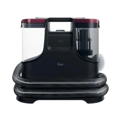 A Hoover carpet cleaner with a hose coiled around its base, presented on a white background.