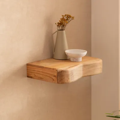 Zdjęcie produktu dla FineBuy Półka ścienna z litego drewna akacjowego 40 cm z szufladą – nowoczesna drewniana półka ścienna z miejscem do przechowywania – wisząca półka z prawdziwego drewna