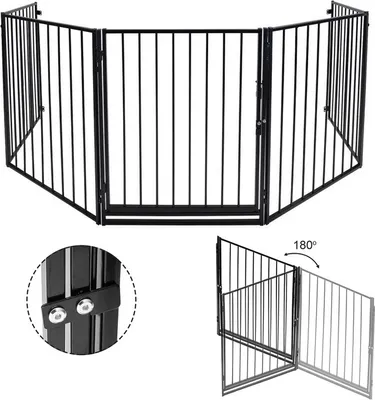 Produktbild von Jopassy Kaminschutzgitter, Laufgitter, Hundezaun, Türschutzgitter & Raumteiler, 5-teilig mit Tür, L 304 x H 76 cm. Pulverbeschichteter Stahl, hitzebeständig, für Kamin, Treppe, Kinder & Haustiere, einfache Montage.