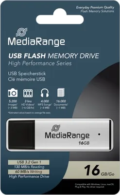 Produktbild von MediaRange MR1899, 16 GB, USB Typ-A, 3.2 Gen 1 (3.1 Gen 1), 130 MB/s, Kappe, Schwarz, Silber