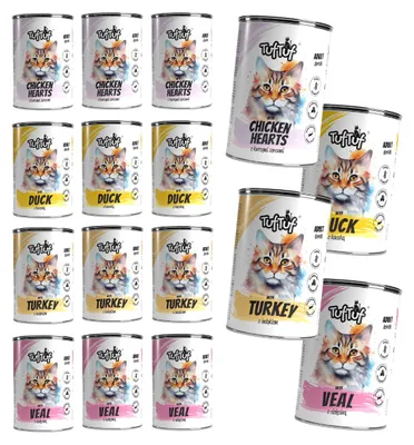 Produktbild von TufTuf | Nassfutter für Katzen Pastete Mix 4 Sorten - Katzenfutter Dosen 12x400 g - Kalb, Pute, Ente, Hühnerherzen - 65% Fleischanteil