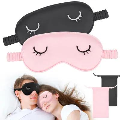 Image de 2 masques de sommeil en soie pour adultes, masques de sommeil pour hommes et femmes, masque de sommeil confortable, masque de nuit occultant avec pochette de rangement (grand format)