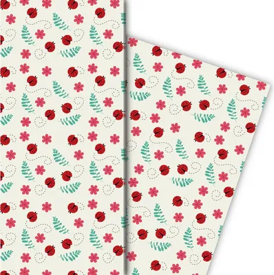 Produktbild von Marienkäfer Geschenkpapier mit Glücks-Käfern und Blumen, weiß - G8287, 32 x 48cm