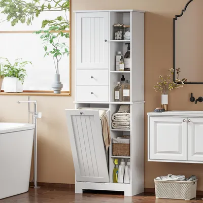Image de Armoire de salle de bain haute avec panier à linge et tiroirs, dimensions 60 x 28,8 x 171 cm, couleur blanche