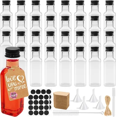Produktbild von Mini Plastikflaschen 50 ml, wiederverwendbar, mit Etiketten und Trichtern, fuer Partys, Set von 32