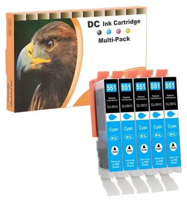 Immagine prodotto di Cartucce compatibili D&C 5X ciano per stampanti Canon CLI-551 C XL, adatte ai modelli Canon Pixma iP7200, iP7250, MG5400, MG5450, MG5550, MG5650, MG5655, MX725, MX920, iP8750, iX6850, MG6350, MG6450, MG6650, MG7100, MX925