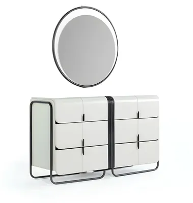 Produktbild von Frisierkommode Kommode mit Spiegel Schrank Hocker Holz Weiß 3tlg Set