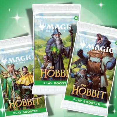 Imagen del producto de 3 sobres de Magic: The Gathering, edición "El Hobbit", en inglés. Cada sobre contiene 14 cartas. Incluye protección para el envío con Heartforcards®