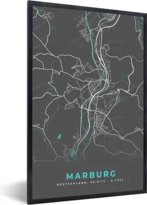 Produktbild von MuchoWow® Gerahmtes Poster Stadtplan - Karte - Marburg - Blau - Deutschland - Karte 20x30 cm - Poster mit Schwarzem Bilderrahmen Wandposter Rahmen Foto Bilder - Drucken - Bilder Poster im Rahmen