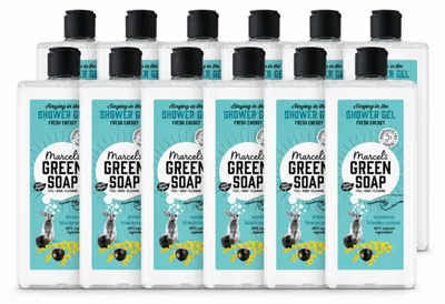 Imagen del producto de 12 unidades de gel de ducha "Marcel's Green Soap" con aroma a mimosa y grosella negra, 300 ml cada uno. Paquete económico