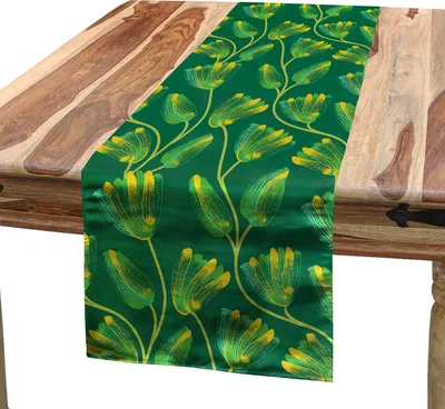 Produktbild von ABAKUHAUS Garten Tischläufer, Künstlerische Blumen Hand gezeichnet Herb mit Farben-Flecken abstrakten Konzept, 40 x 180 cm, Meeresgrün Gelb