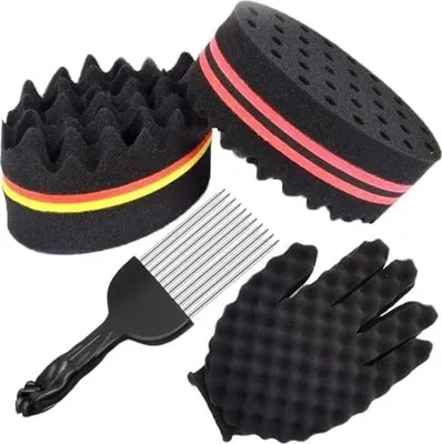 Produktbild von 4 Stück Twist Sponge Afro Kamm Magic Curl Sponge HaarbüRste Schwamm Löcher Haarschwamm Locken Afro Doppelseitiges Magic Curl Schwamm und Lockenwickler Handschuhe Twist Barber Werkzeug