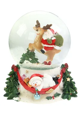 Produktbild von Schneekugel/Spieluhr 100mm mit Weihnachtsmann/Rentier– 14,5 cm Höhe, Mit Schneeflocken-Effekt und Weihnachtlicher Musik, zum Aufziehen