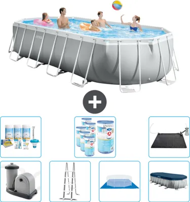 Produktbild von Intex Oval Prism Frame Swimmingpool – 610 x 305 x 122 cm – Grau – inklusive Pumpe – Leiter – Bodenplane – Abdeckung Wartungspaket - Filter - Solarmatte