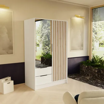 Produktbild von Masseno Drehtürenschrank PELOR 102/200/51 cm Modern Kleiderschrank 2-türig mit Spiegel Weiß