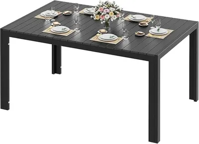 Immagine prodotto di Tavolo da giardino resistente alle intemperie, grande, 140x90x75 cm. Tavolo da terrazzo in alluminio con piano in WPC, tavolo da pranzo rettangolare per esterni, adatto per 6 persone. Tavolo robusto per giardino, terrazzo o balcone, colore nero