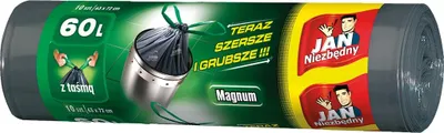 A roll of garbage bags with branding and feature callouts.
