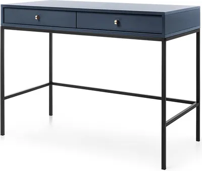 A dark blue desk with a black metal frame and two drawers with gold knobs, shown against a white background.