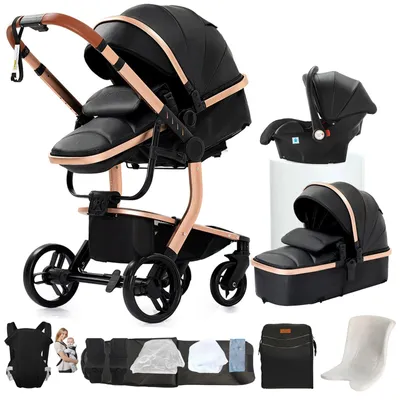 Productafbeelding van 3-in-1 Kinderwagen met Leren Handvat en Opvouwbaar Lichtgewicht Design