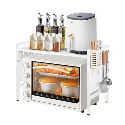 Image de Four à micro-ondes Rack extensible Étagère de cuisine micro-ondes Étagère à épices avec 3 crochets 38-67cm extensible Étagère de cuisine blanche