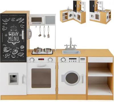 Produktbild von COSTWAY 3 in 1 Kinderküche, Spielküche mit Licht, Sound, Spüle, Waschmaschine, Wasserspender, Tafel, Ofen&Kochgeschirr, Holzküche für kinder 3+, Natur
