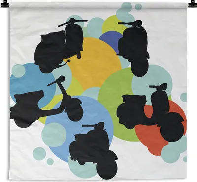 Produktbild von MuchoWow® Wandteppich Wandbehang Illustration mit Silhouetten einer Vespa 150x150 cm Tapisserie Dekoration Wandtuch - Wohnaccessoires - Modernes