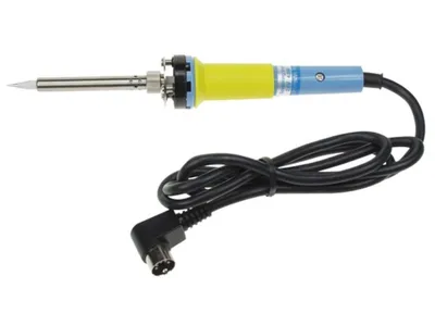 A soldering iron with a black cord and a black connector is shown against a white background.
