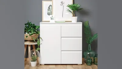 Produktbild von Kommode Blanc 2 weißer Schrank 1-türig mit Schubkästen 80x80 cm