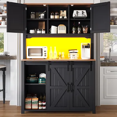 Zdjęcie produktu dla Szafka kuchenna, 115x40x174,7 cm, wysoka szafka kuchenna z oświetleniem LED i drzwiami przesuwnymi, kolor czarny, wykonana z MDF i metalu